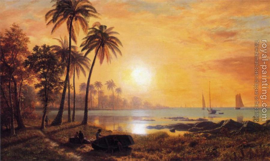 Albert Bierstadt : Tropical Landscape with Fishing Boats in Bay
